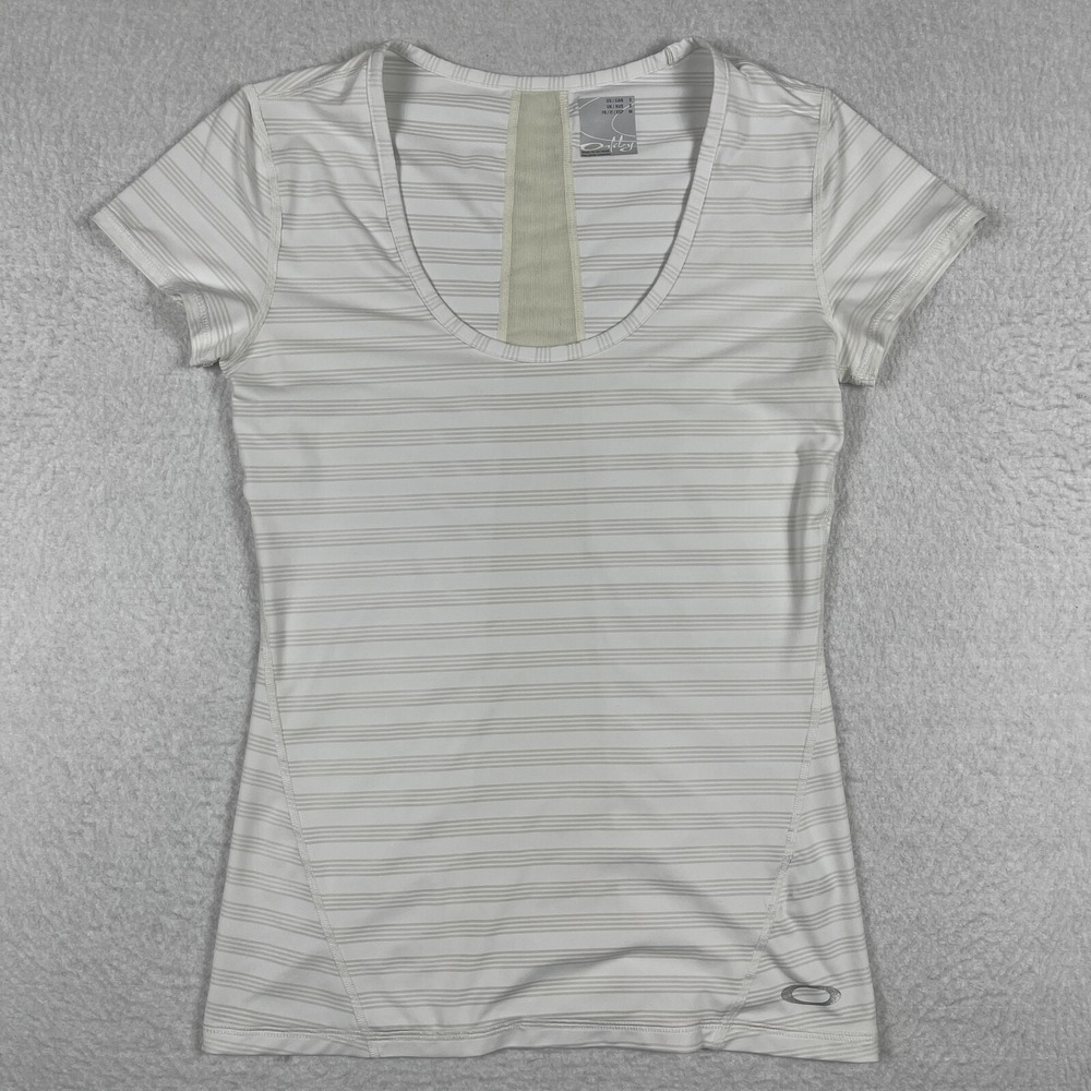 Oakley Shirt Womens Small Beige White Striped Casual Preppy Golf Vacation Travel